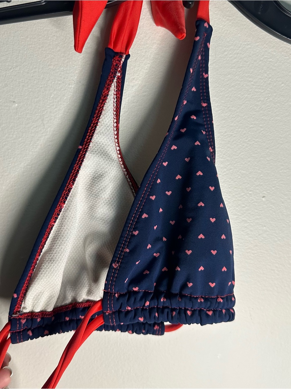 Vintage Navy Bikini Top with Pink Heart Print and Red Ties - Picture 6 of 10
